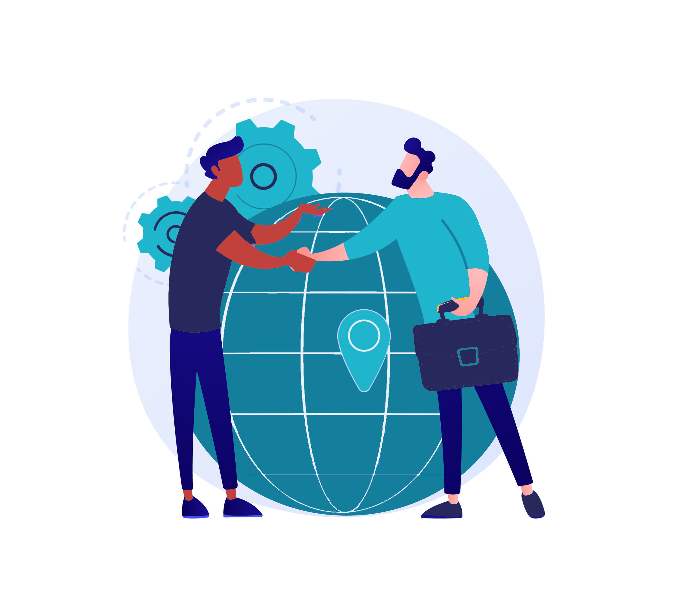 Illustration of planet and 2 people and digital devices